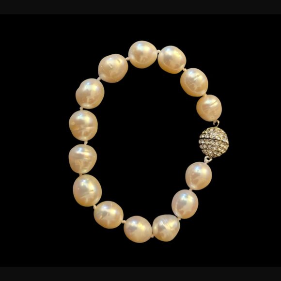 Natural Large Pearl 12.5mm Ball Pave Crystal Ball Clasp 6.75" Bracelet - Picture 5 of 13